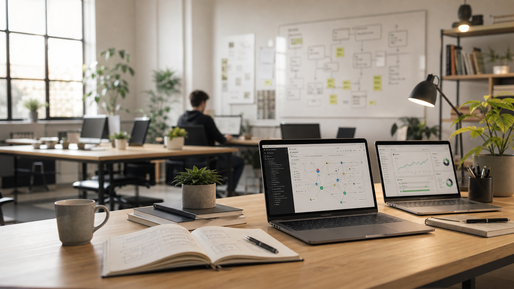 A modern software studio with laptops, notebooks, and workflow diagrams