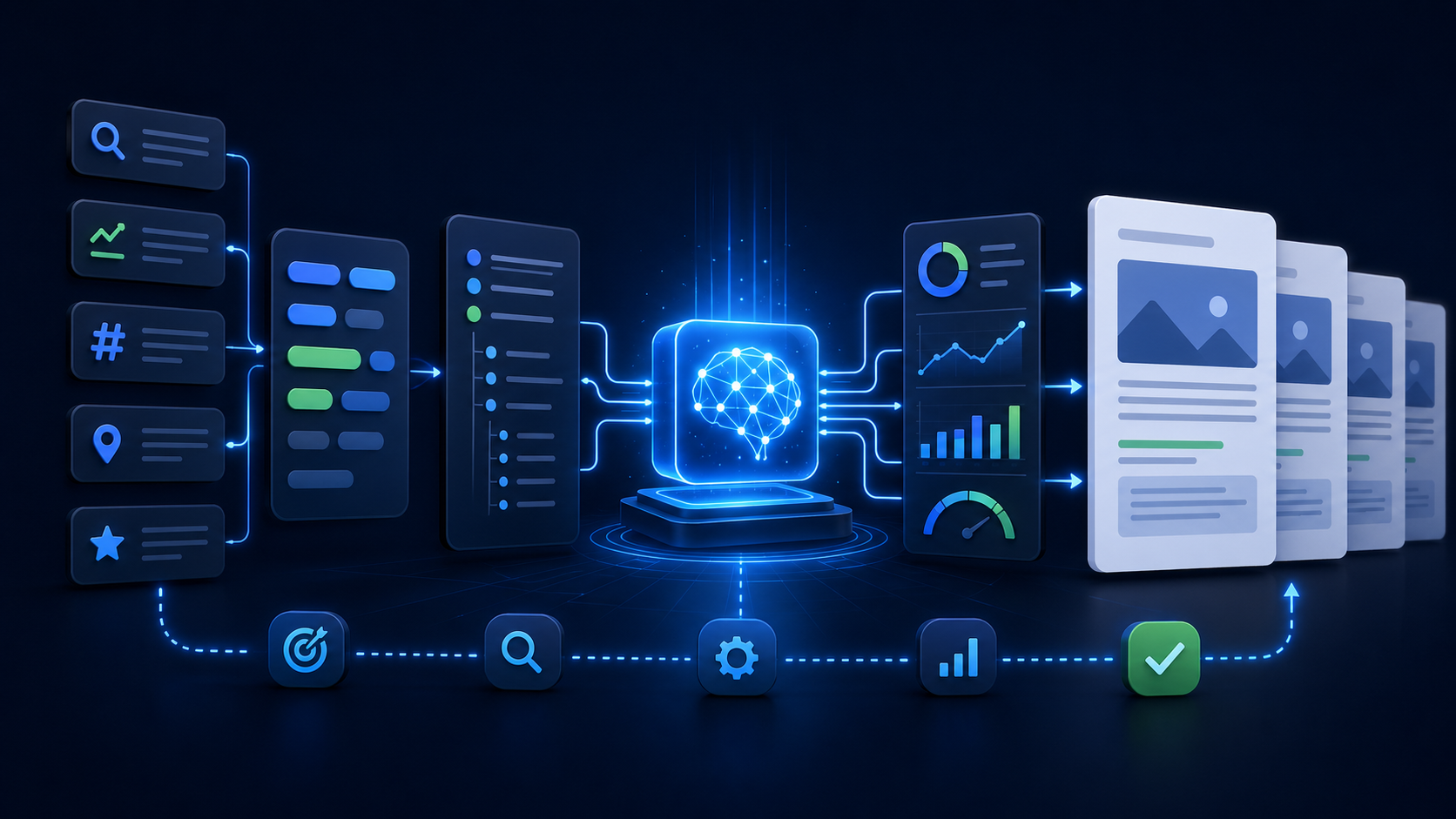 Editorial cover illustration showing an AI SEO content generator turning keywords and briefs into structured search-friendly articles.
