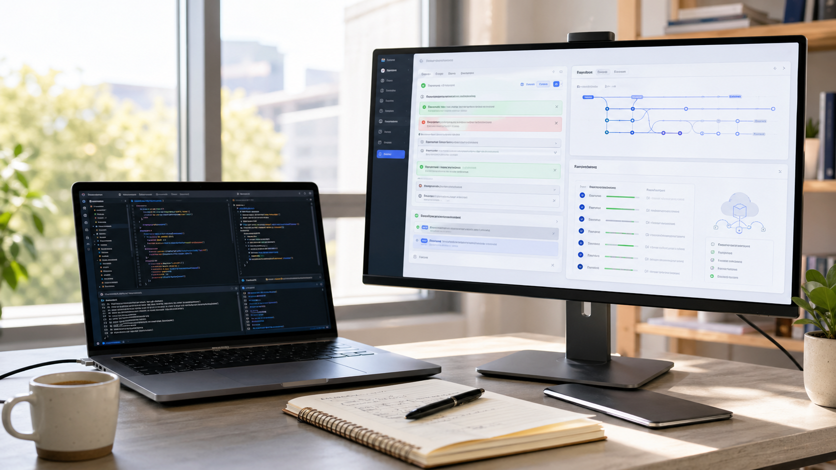 Editorial cover showing two AI coding workstations comparing terminal-first and cloud coding agent workflows.