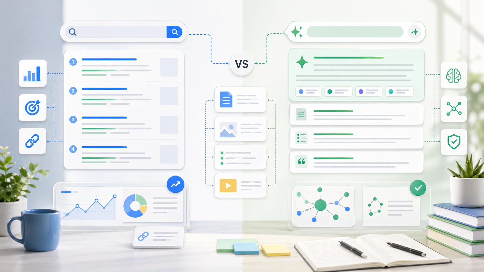 Editorial illustration comparing traditional search results with AI answer cards and citation nodes.