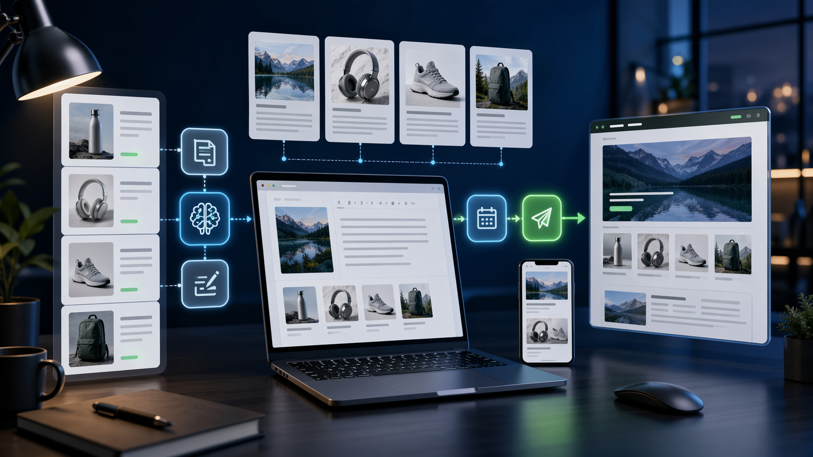 Editorial cover illustration showing an AI-powered Shopify blog publishing workflow with product panels and ecommerce content cards.